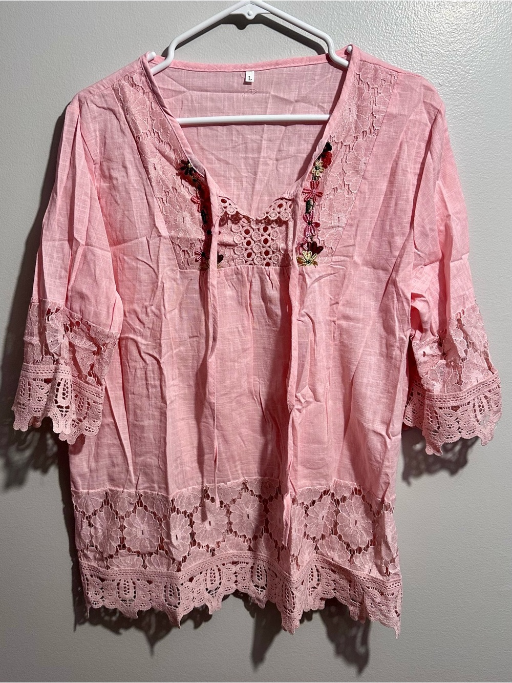 Light Pink Embroidered Lace-Trim Blouse Size L (1409)